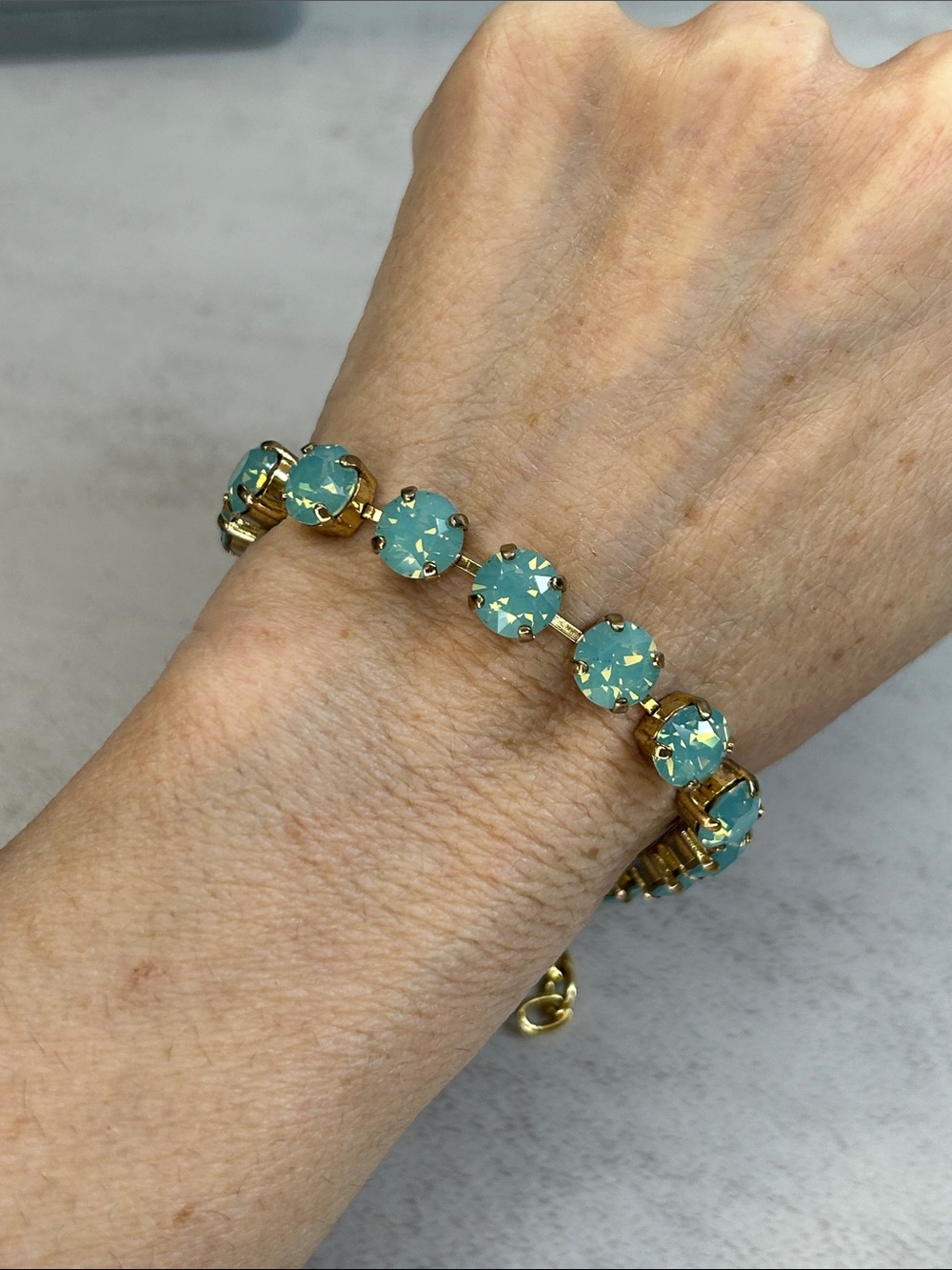Gold Tennis Bracelet with Aqua Green Opal Crystals *See details on condition - Picture 5 of 9